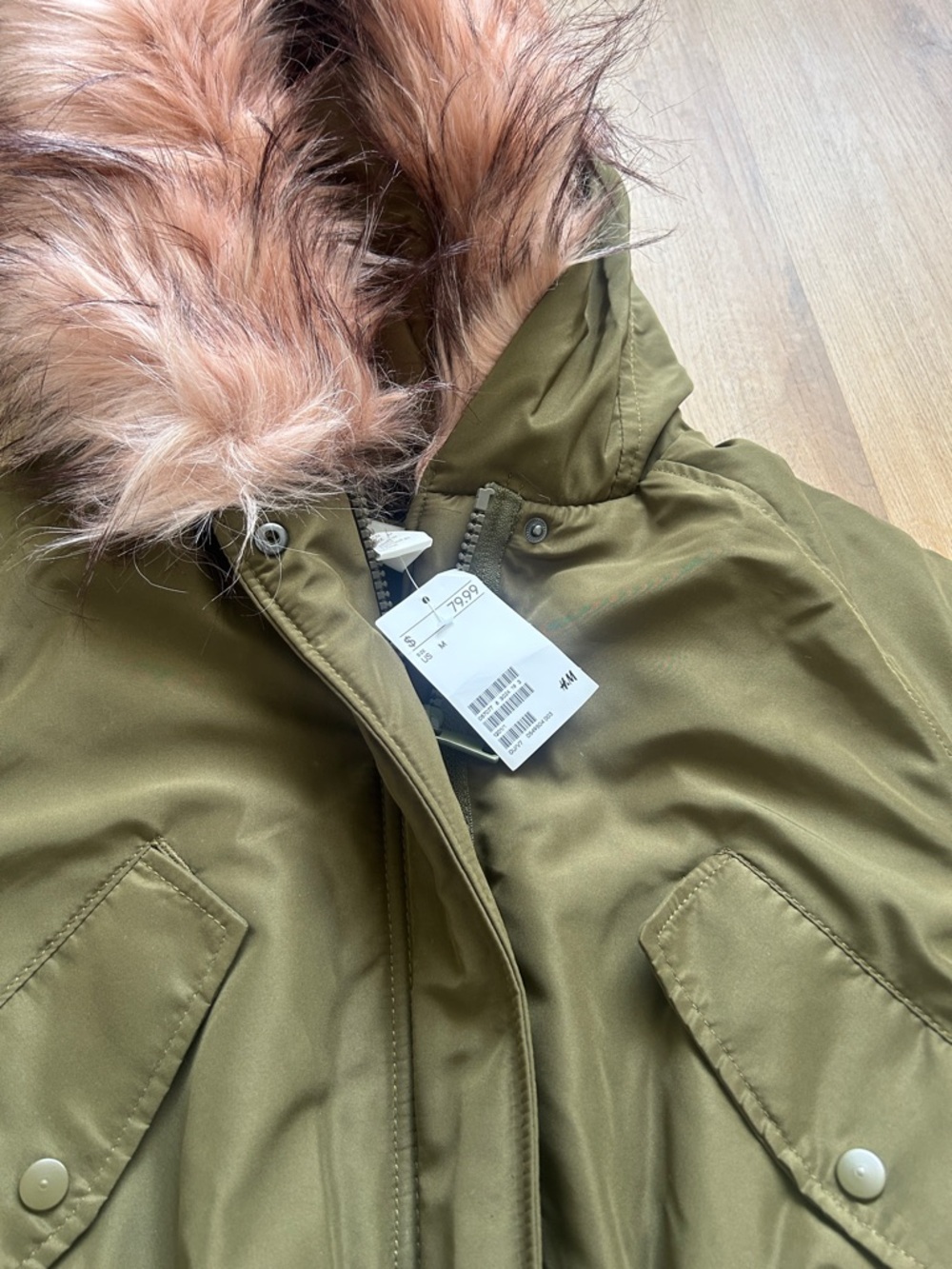 H&M Olive Green Puffer Parka with Pink Faux-Fur Hood - Picture 2 of 6